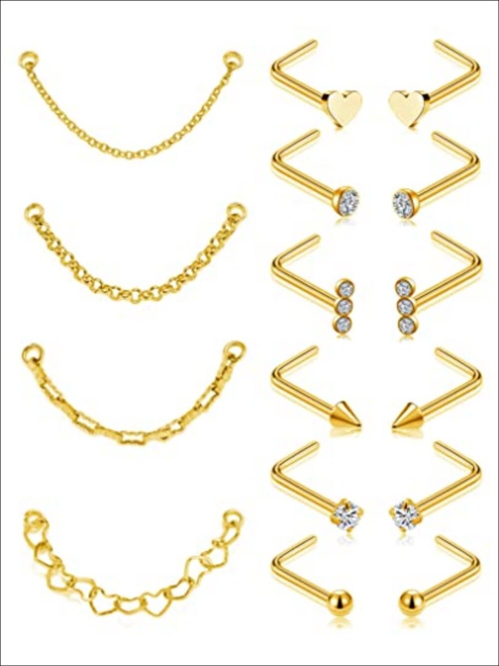 L Shaped Nose Stud Chain CZ Heart Ball Piercing Jewelry 20G Stainless Steel